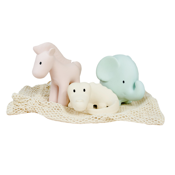 Tikiri Rubber Marshmallow Animal Rattle and Bath Toy Set