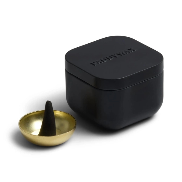 Paddywax 20 Scented Incense Cones and Holder in Black Tin Teak & Tobacco
