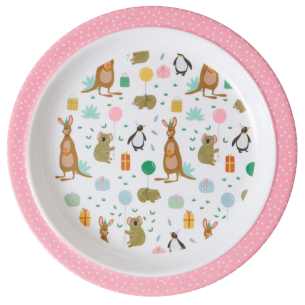 RICE Melamine Kids Lunch Plate with Party Animal Print Pink