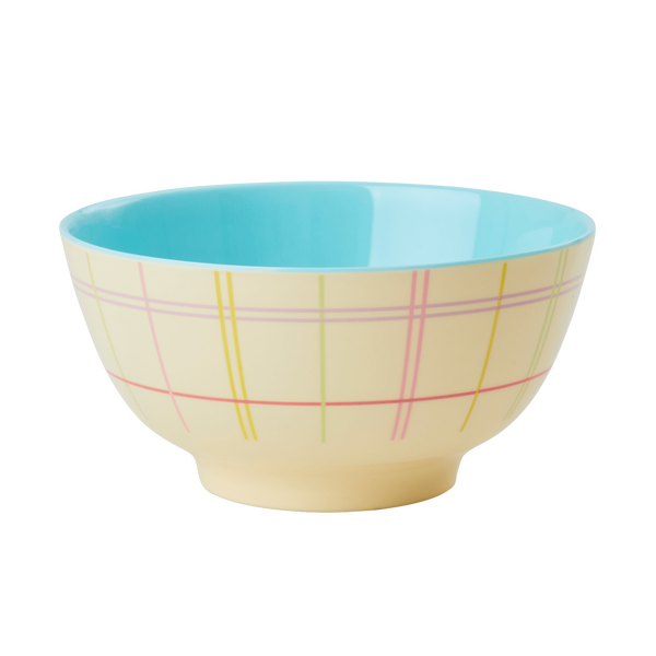 RICE Melamine Bowl Cream Multicoloured Check Print Two Tone Medium