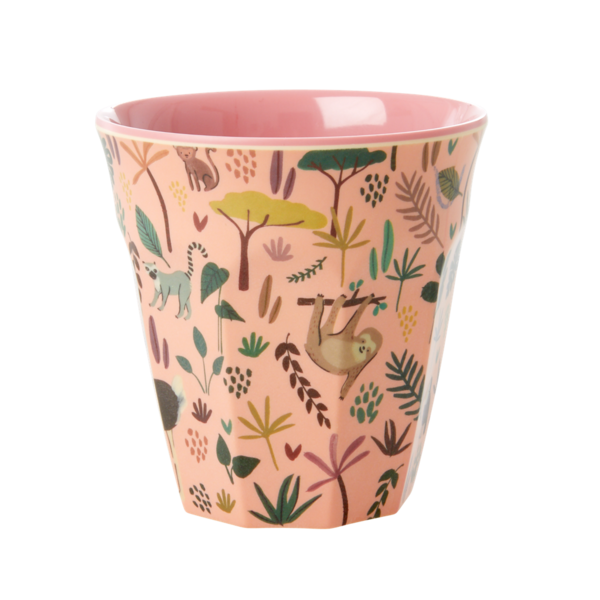 RICE Melamine Cup All Over Jungle Animals Print Two Tone Coral Medium