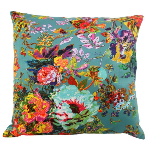Velour Cushion Cover – Flowers Turquoise