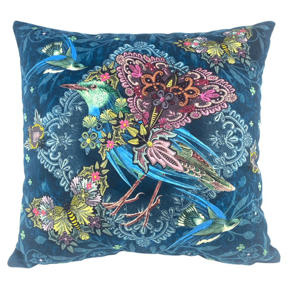Velour Cushion Cover – OIA –Blue Embroidered Bird